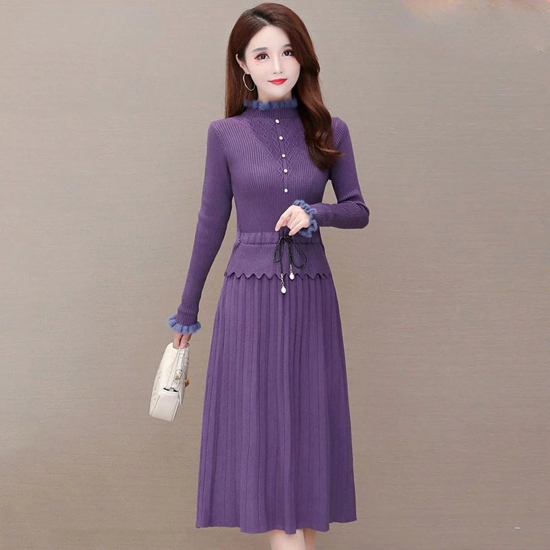 

Elegant Ruffle Long Sleeve Knitted Dress Women Vintage Slim Midi Sweater Dress Fall Patchwork Drawstring Waist Bottoming Dresses