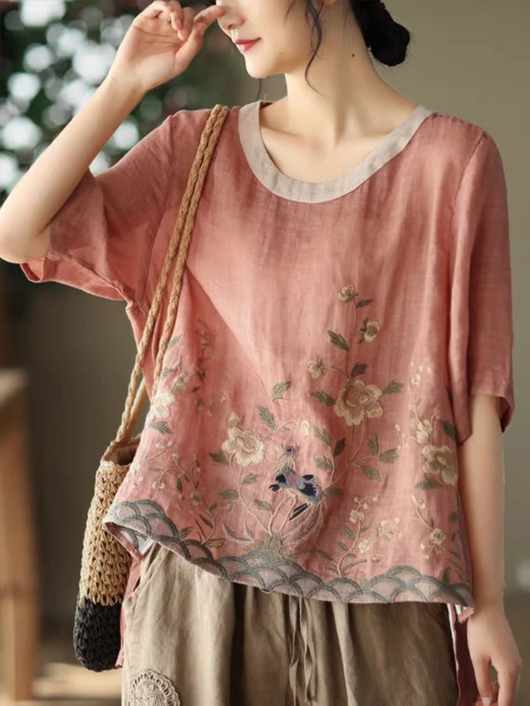 

Cotton Linen Embroidered Floral Blouses Women's Chinese Classic Loose Shirt Top Casual Retro O Neck Short Sleeve Summer Shirts