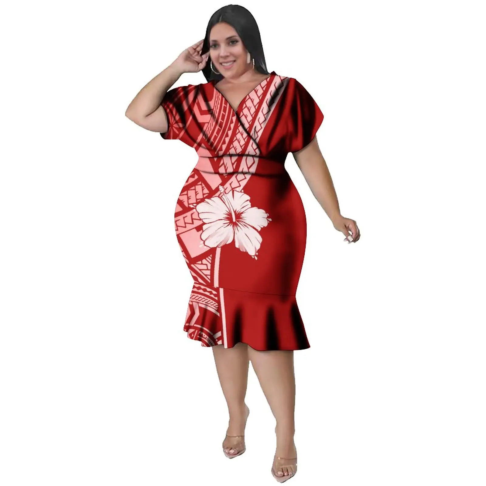 

Hot Selling Custom Milk silk Washable Dress Polynesian Samoan Casual Dress Pacific Island Art Personality Slit Dress