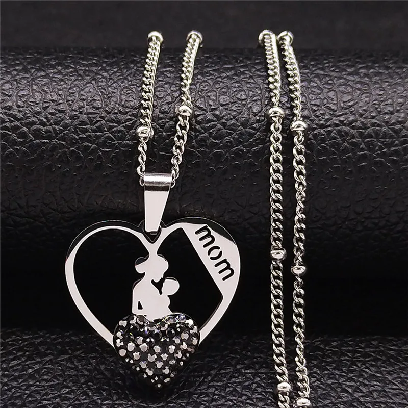 

Stainless Steel Crystal Mom Baby Charm Necklace Women Silver Color Family Heart Necklace Jewelry acero inoxidable N4819S07