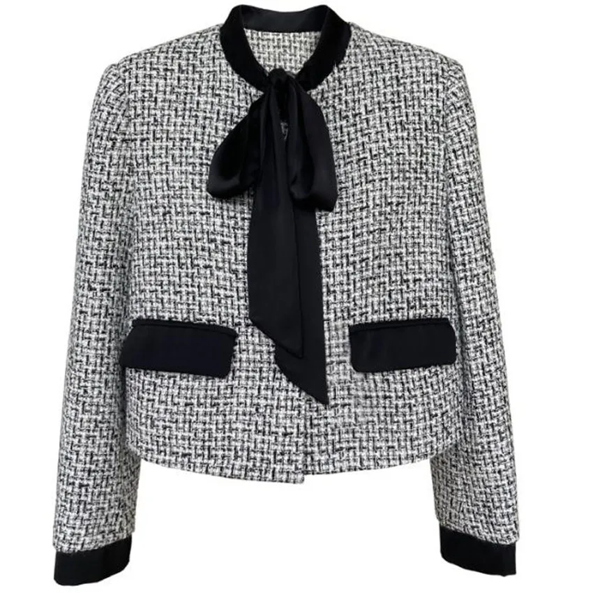 

French Style Autumn Winter Tie Bow Tweed Wool Jacket Women Thoundstooth Retro Small Fragrance Short Outwear