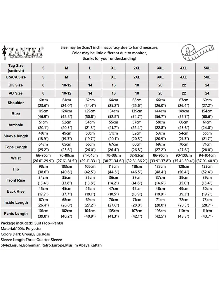 Комплект ZANZEA женский в мусульманском стиле модная блузка с рукавом 2024 брюки