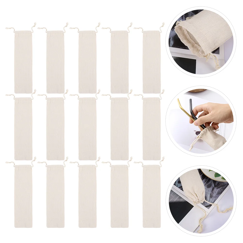 

15 Pcs Straw Storage Bag Linen Drawstring Pouch Metal Drinking Straws Reusable Cotton Household Burlap
