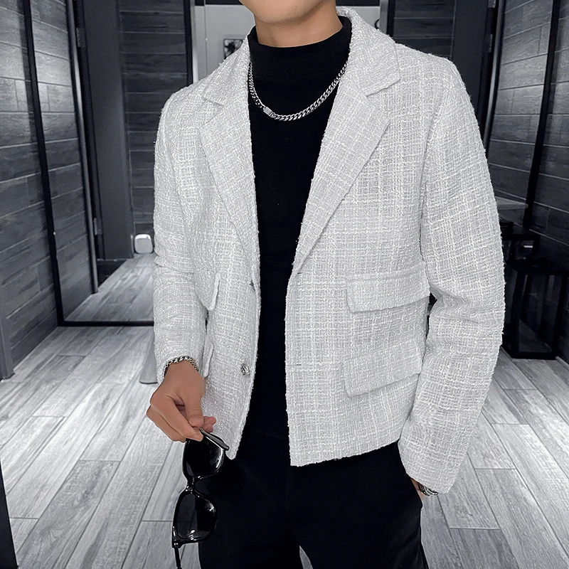 

High Quality Woven Men's Jacket Korean Style Large Lapel Casual Loose Jacket Short Social Business Men's Clothing Streetwear