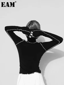 EAM2022New весна осень Высокий воротник с длинным рукавом сплошной цвет черный Reffles Сплит соединение свободная футболка женская Мода Tide JE155