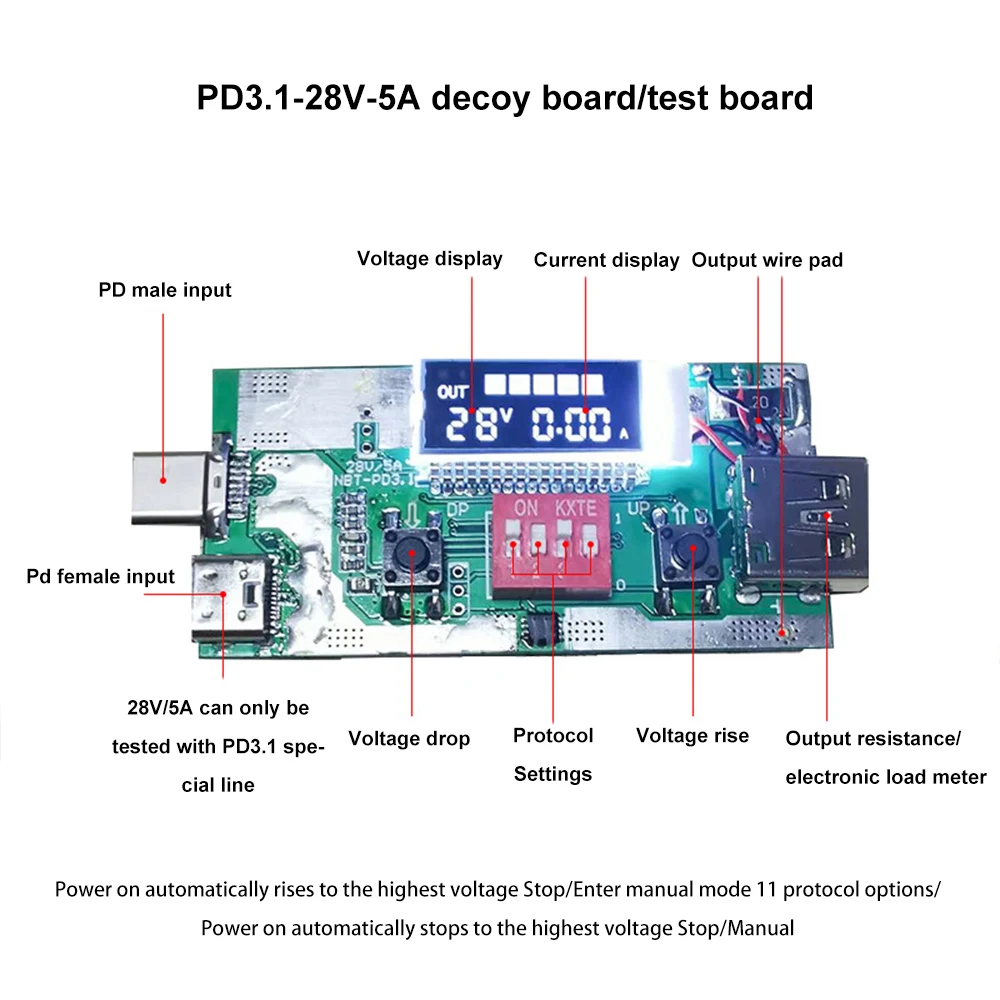 

PD3.1 28V 5A Fast Charge Tester Charging Board Test Board Fast Charging Protocol Tester Voltage Decoy Electronic Module 140W