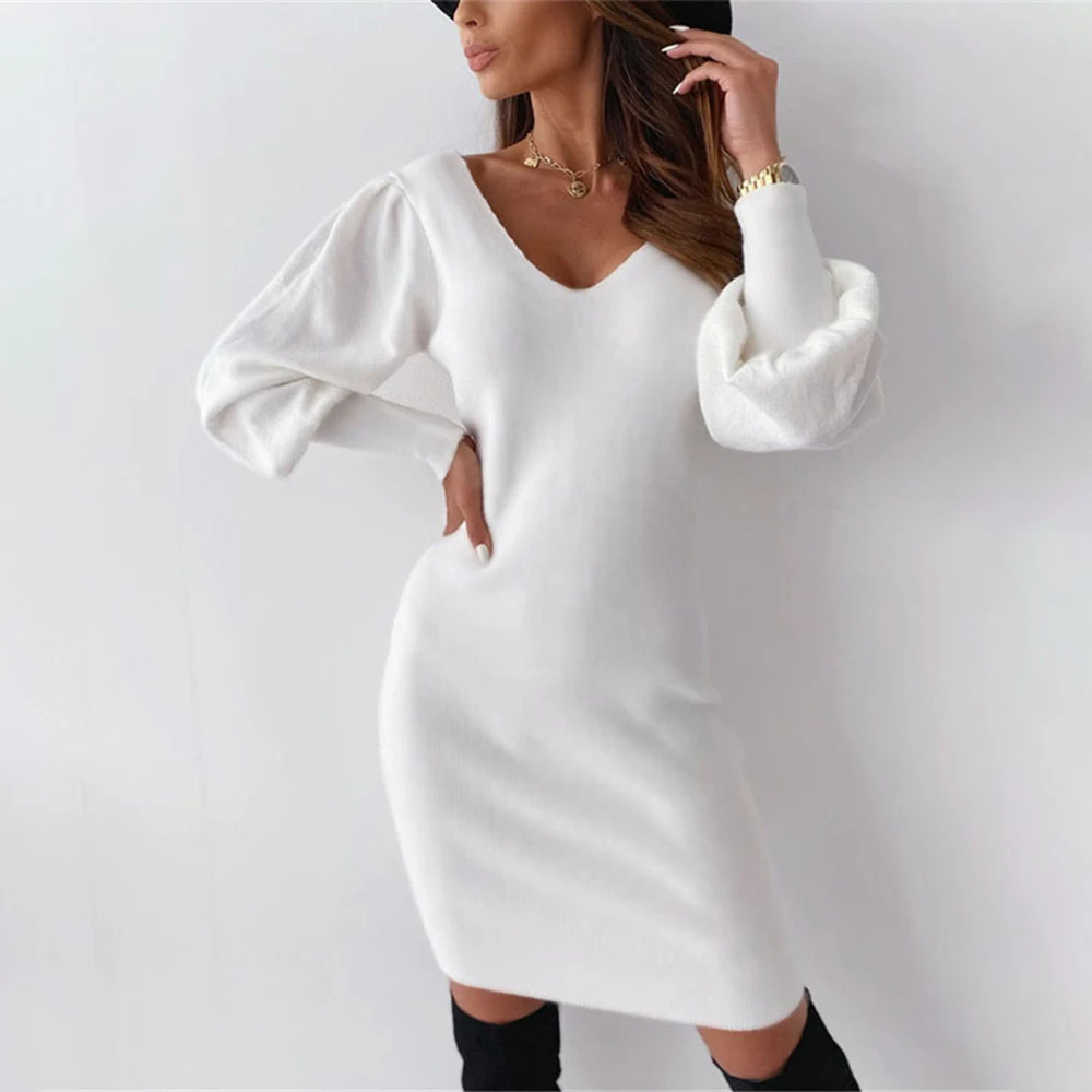

Fall Lace Sexy Mini Long Sleeves Women Party Dresses 2021 Fashion V Neck Halter Hollow Out Solid Slim Plus Size Evening Dress