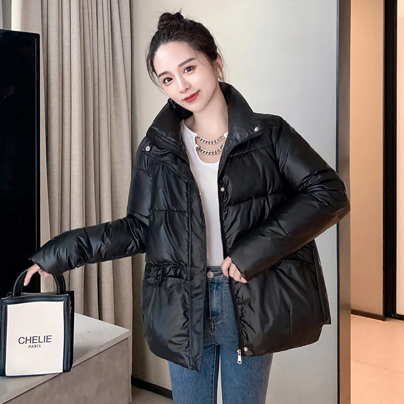 2022 Women Winter Padded Jacket Parkas Stand Collar Solid Bright Shiny Female Ladies Winter Coat Clothes Outerwear