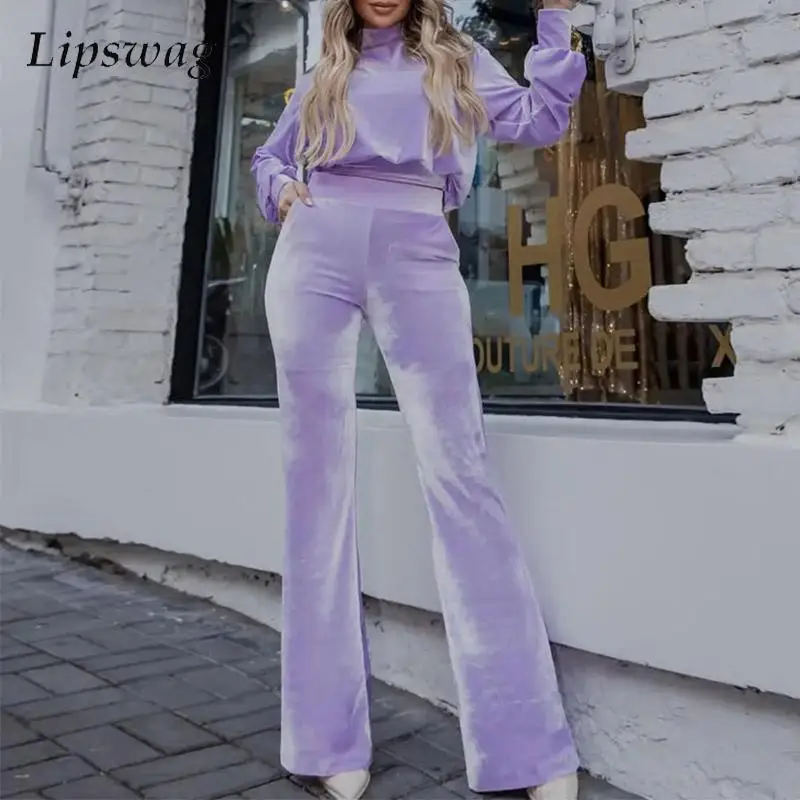 

Элегантный однотонный спортивный костюм с высоким воротником, женский укороченный Топ с длинным рукавом, брюки-клеш, модный бархатный свит...