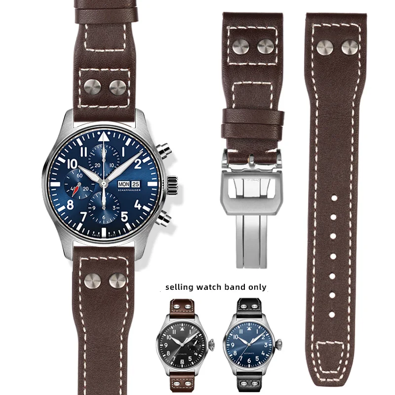 21mm 22mm Blue Brown For IWC Genuine Leather Watch Band Big Pilot Flamethrower Little Prince Mark 18 Strap Willow Nail Bracelet