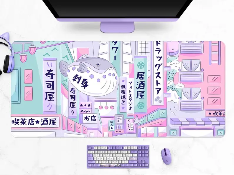 

Pastel Tokyo street Desk Mat cute, Japanese mousepad kawaii, extra large gaming mouse pad, xxl Anime Aesthetics scenery, xl desk