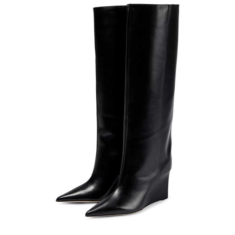 Autumn Winter Women Tall Boots Pointed Toe Wedges Slip On Sexy Patent Leather Fashion Clubwear Knee High Boots
