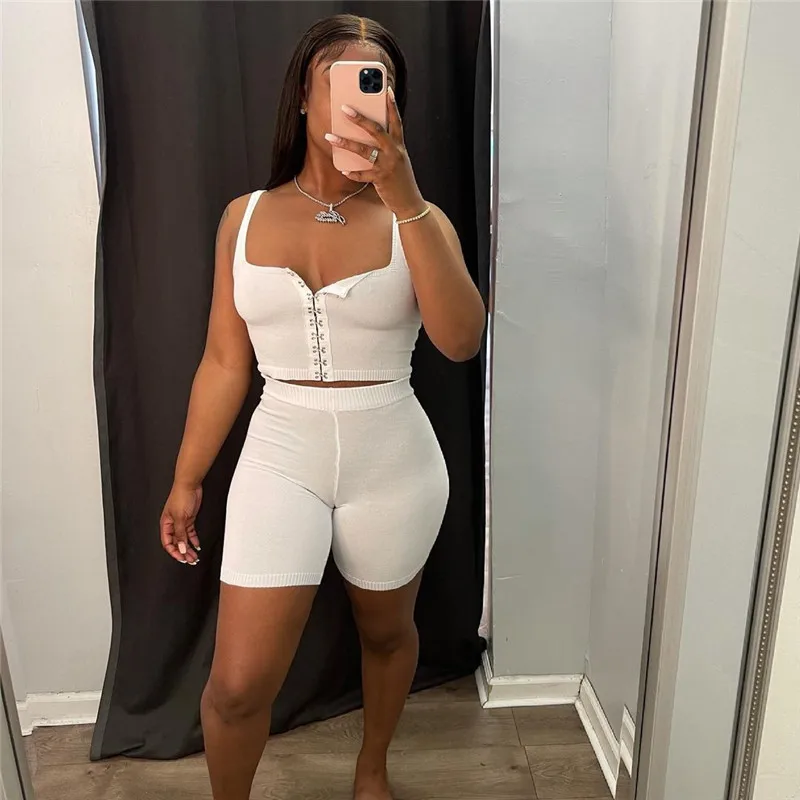 

Women's Casual Tracksuit Outfits Sexy Solid Color Knitted Rib Skinny Bustier Tank Tops High Waist Elastic Short Pants Sportswear