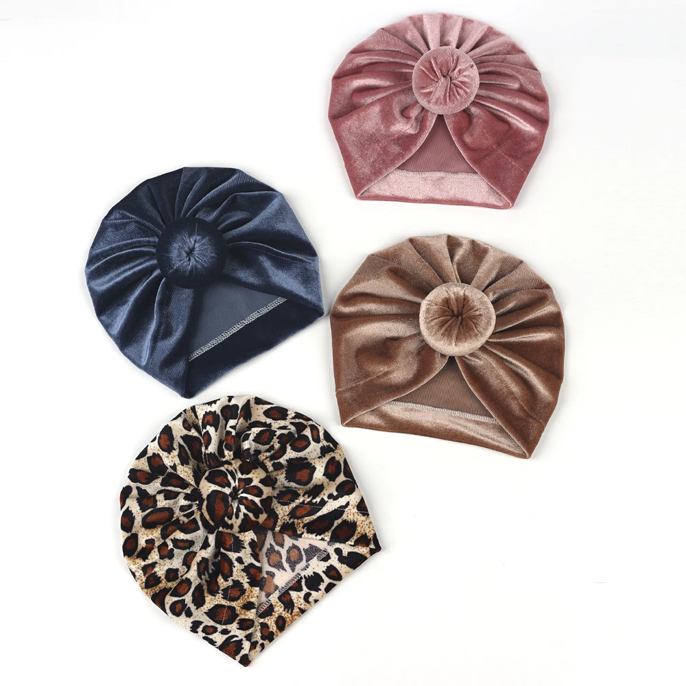 

20 Pcs/Lot,New Toddler Leopard Print Turban Infant Round Knot Bow Hat Kid Velvet Bonnet Fashion Donuts Beanie Cap Baby Head Wrap