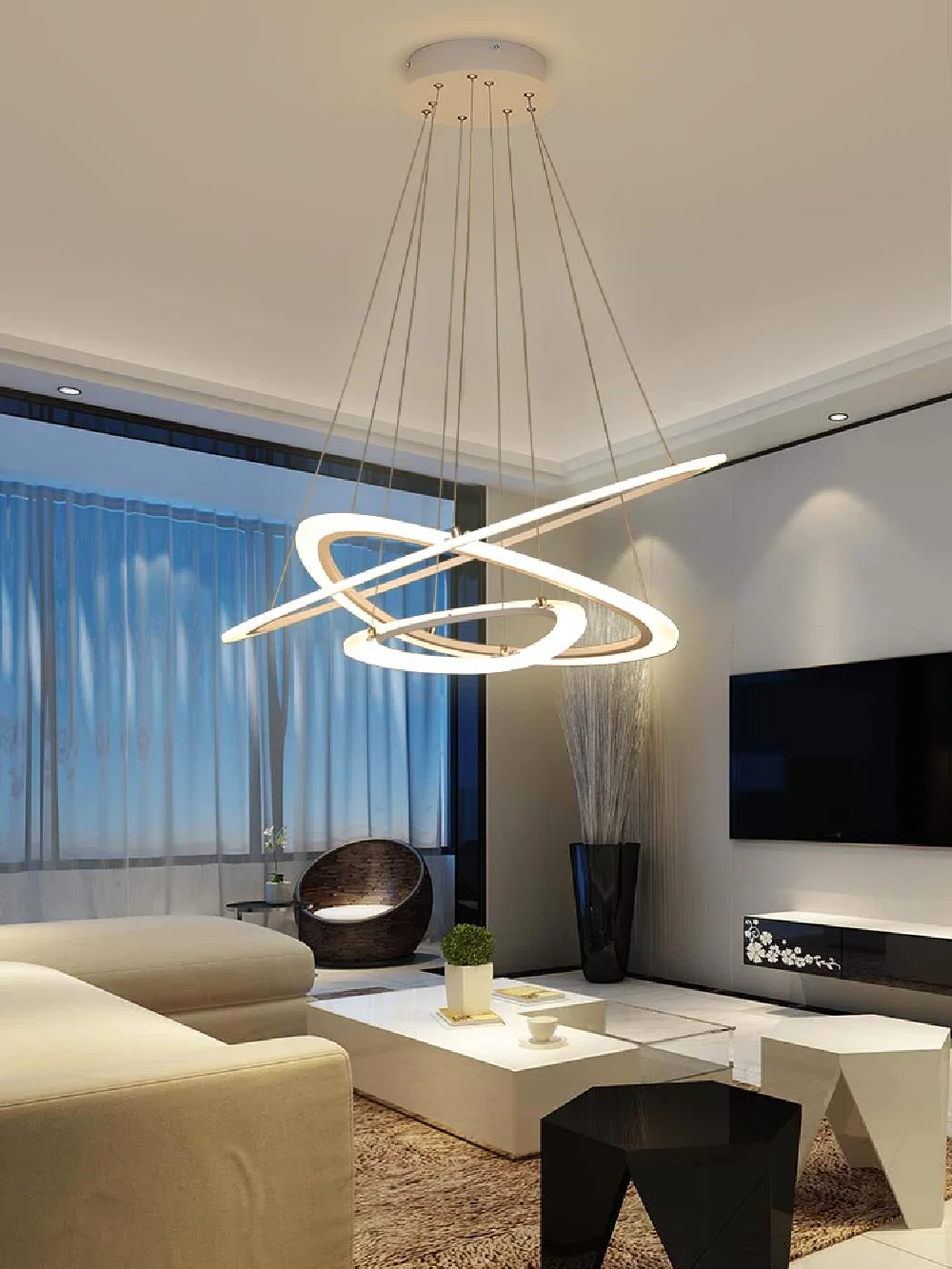 

Modern LED Restaurant Chandelier Living Room Ringed Branch Shaped Luxury Glossy Time White Black Suspended Light with Remote Con