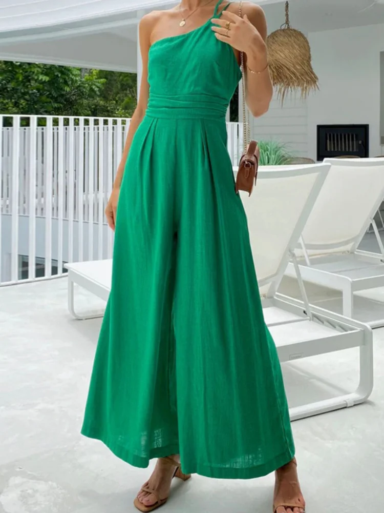 

Jumpsuit Women 2023 Summer Sleeveless Diagonal Shoulder Chic Backless Sexy Green Straight Tube Wide Leg Pants Solid Long