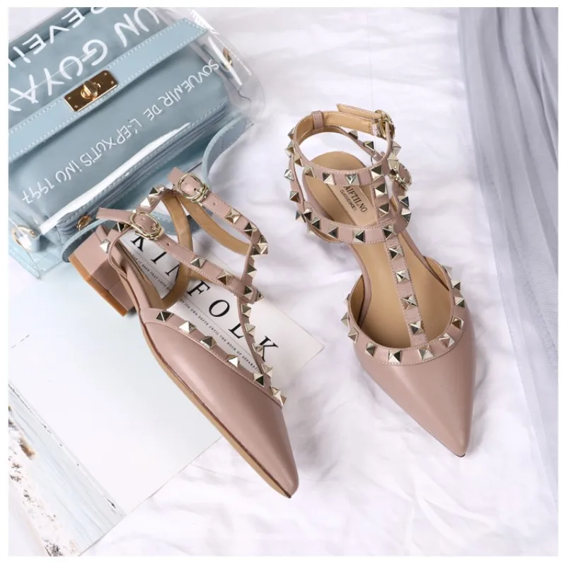Luxury High Quality Pointed Rivet Sandals Pumps 2023 Genuine Leather New Versatile Bare Feet Lace Up Square Heels Women's Shoes
