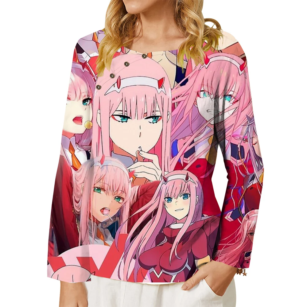 

CLOOCL Anime Women T-shirt Zero Two Darling In The Franxx Graphics 3D Print Button Decorate Long Sleeve Tee Fashion Blouses