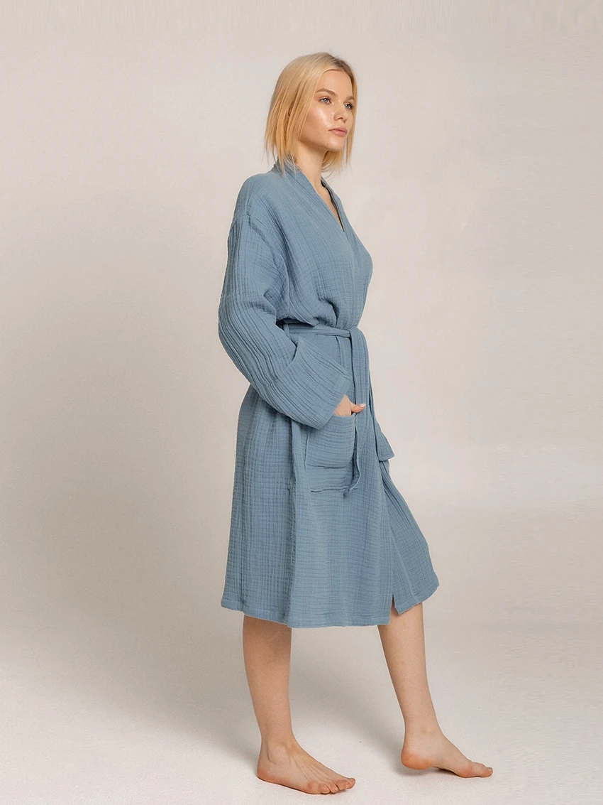 Marthaqiqi Cotton Women'S Pajamas Sexy V-Neck Robe Long Sleeve Nightgowns Double Pockets Lace Up Bathrobe Home Clothes For Women