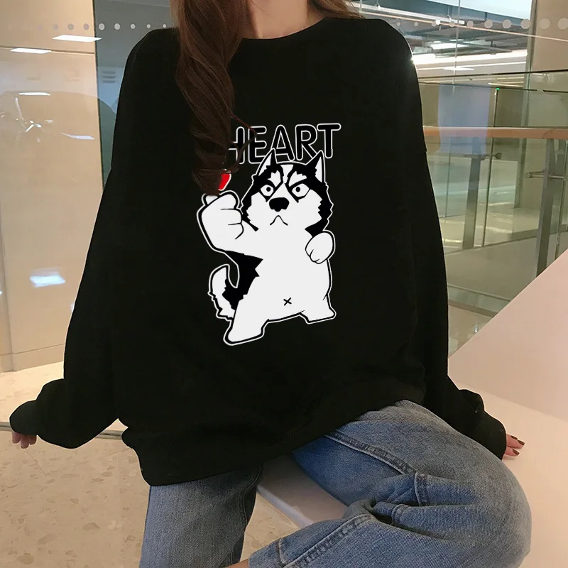 

Kawaii Woman Sweatshirt Husky Dog Printed Pullover Black Korea Aesthetic Clothes 2021 Women Vintage Sweatshirts Plus Size New