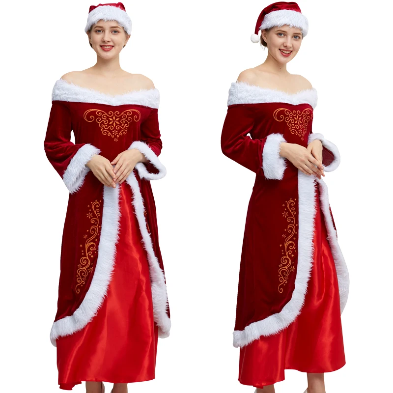 Santa Claus Sexy Dress Skirt Cosplay Costumes Golden Velvet Cloak Fancy Party In Christmas Female Costume Suit