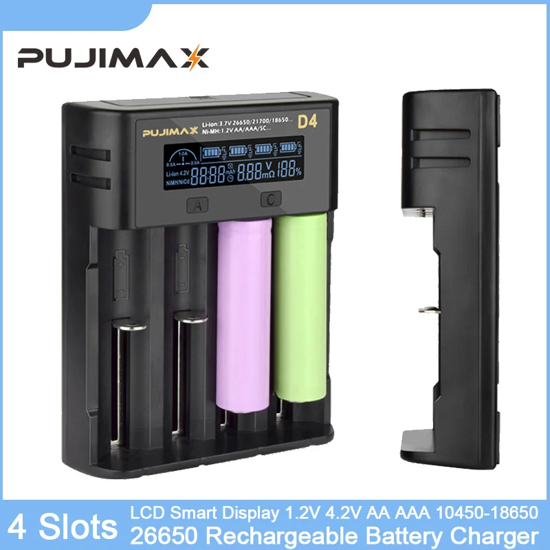 

PUJIMAX 18650 LCDBattery Charger Show Portable Fast Charging 26650 18350 21700 26700 22650 Li-ion Rechargeable Battery Charger