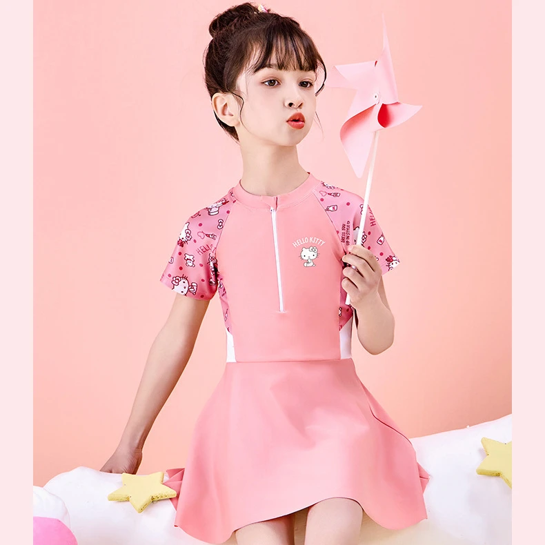 Kawaii Hello Kitty девочка цельный купальник Sanrio аниме 2024 новый летний детский купальный