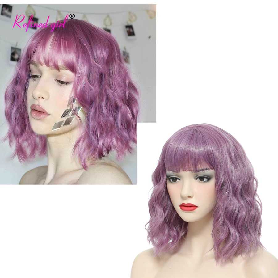 

Pink Bob Wig with Bangs Short Wavy Wigs for Women Shoulder Length Colored Wigs Heat Resistant Synthetic Wig Daily Party Cosplay