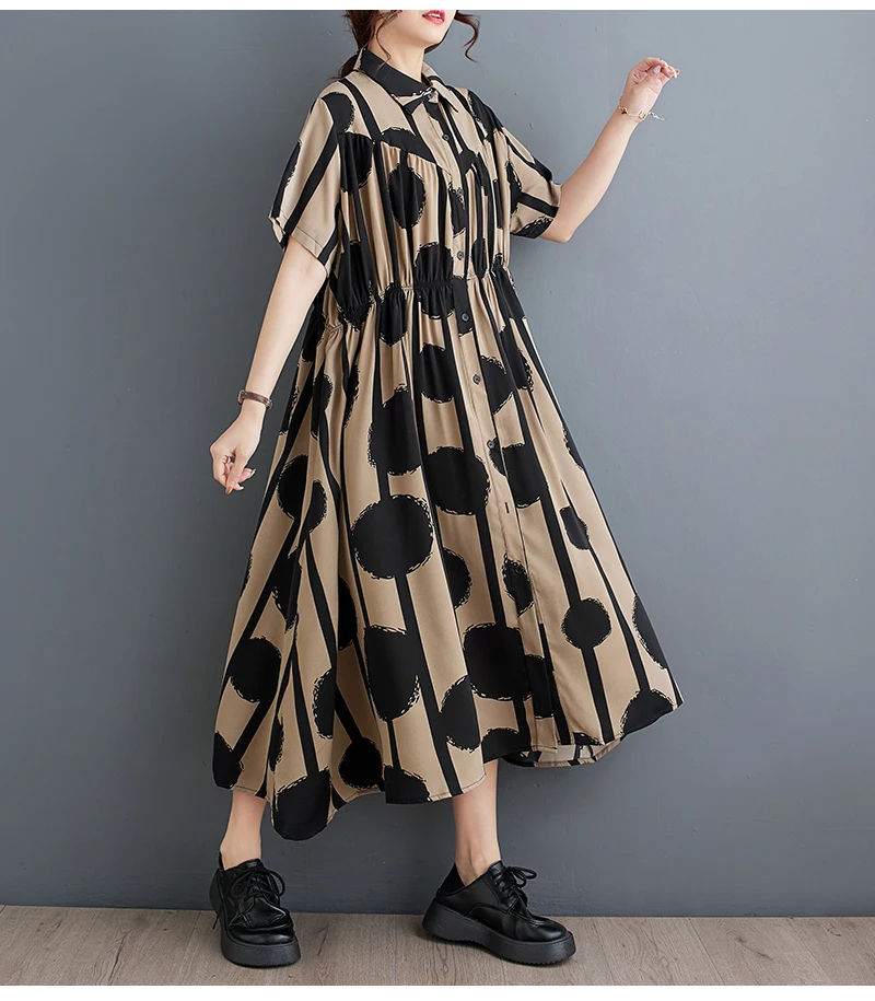 # 3852 Длинное платье-рубашка с принтом в горошек женское платье трапециевидной