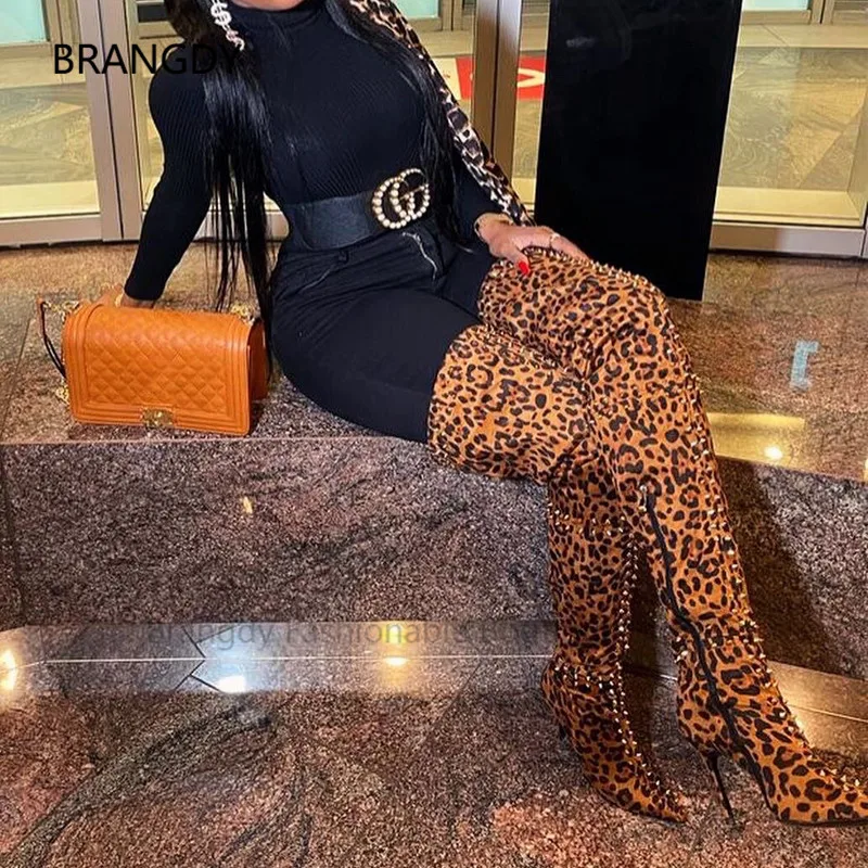 

2022 Leopard Print Rivet Over the Knee Boots Pointy Suede Stilettos High Shoes Women Sexy Nightclub Crotch Thigh Heel Bootias