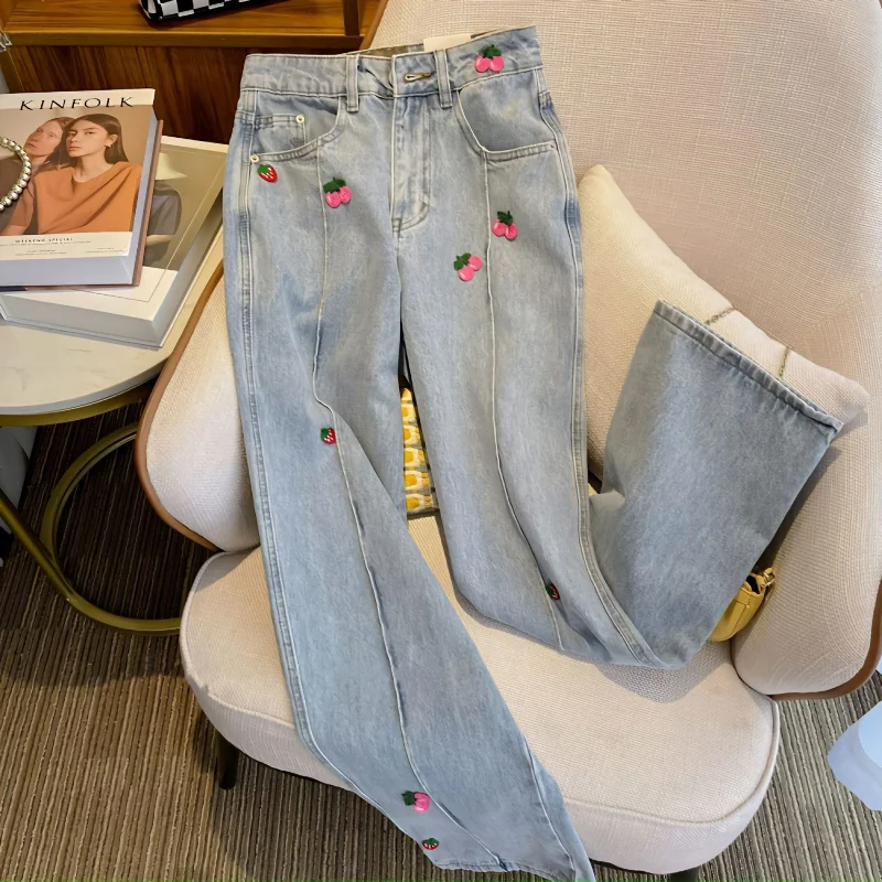 

High Waist Straight Jeans for Women 2023 Early Spring New Loose Three-Dimensional Embroidered Design Sense Niche Wide-Leg Pants