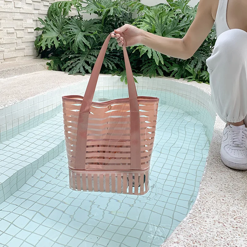 

Stripe Large Waterproof PVC Beach Bag with Small Makeup Bags for Travel Gym Swim and Beach Holiday