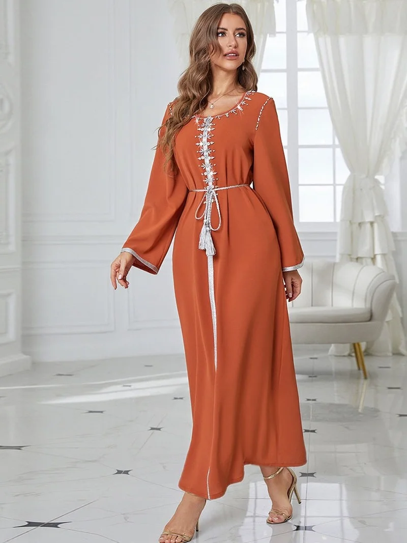Kaftan Arabic Long Dress Women Hand Sew Rhinestone Muslim Moroccan Party Caftan Saudi Gulf Jalabiya Ramadan Dubai Abaya Orange