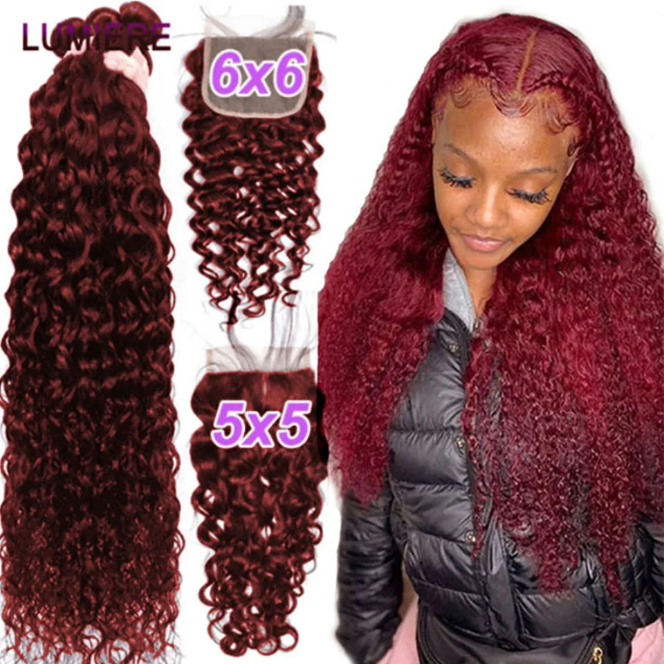 

99J Dark Burgundy Water Wave Bundles with 5x5 HD Transparent Lace Closure Ombre Brazilian Hair Weave Bundle With Closure Frontal