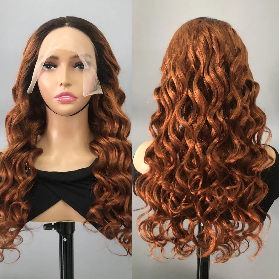 T1B/Orange 13*4 Lace Front Wig Brazilian Dark Root Ginger Orange Wave Human Hair Wigs For Woman Remy 250% High Density HairUGo