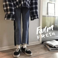 2022 autumn and winter new fashion stitching contrast color jeans women loose large size high waist straight pipe pants boutique