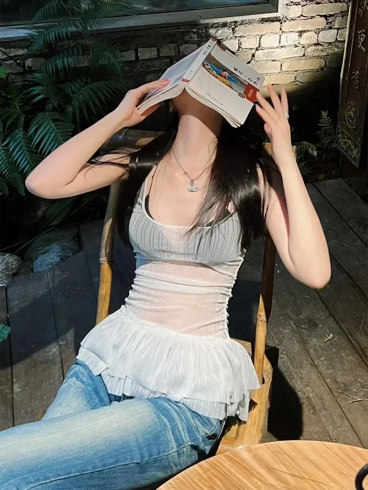 Летние просвечивающие майки Y2k женские модные корейские укороченные топы с Fairycore