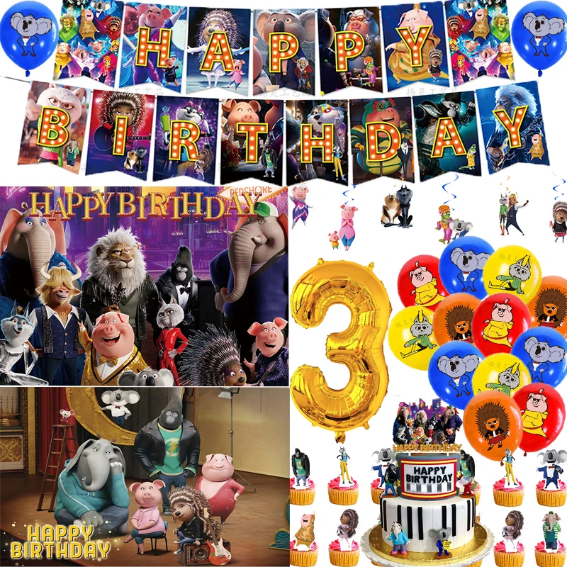 Cartoon Happy Good Sound Animal Sing Birthday Party Decoration Latex Balloon Photograph Backdrop Banner Cake Topper Baby Shower