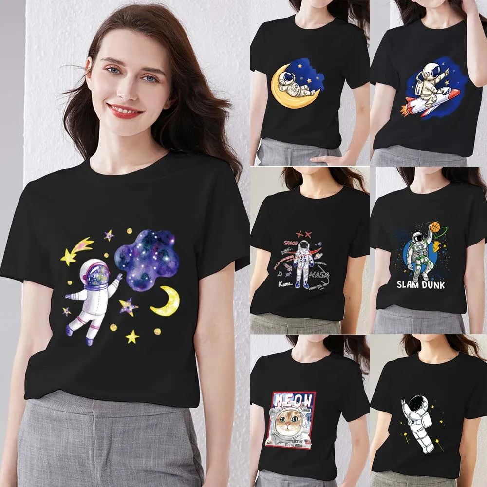 

T-shirt Female Summer Fashion Casual Cartoon Astronaut Astronaut Print Pattern Series Top O-neck Slim Comfortable Commuter Shirt