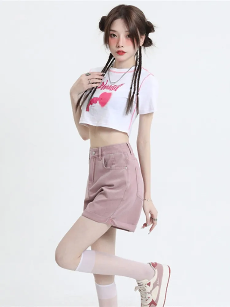 GUUZYUVIZ High Waist Pink Denim Shorts Female Casual Washed  Curl Wide Leg Jeans Shorts Women Loose Korean Fashion Short Pants