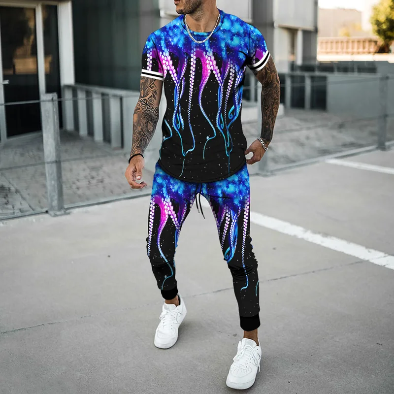 The Tentacle Men's oversized Tracksuit 2 Pieces Sets Men Casual Fitness Short Sleeve T Shirt+Trousers Men's Casual Sportswear Su