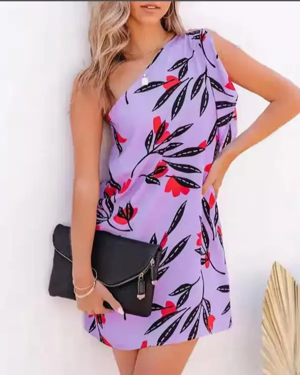 

Women dress summer new vintage plants print one shoulder casual dress 2022 woman sexy sleeveless loose mini dress