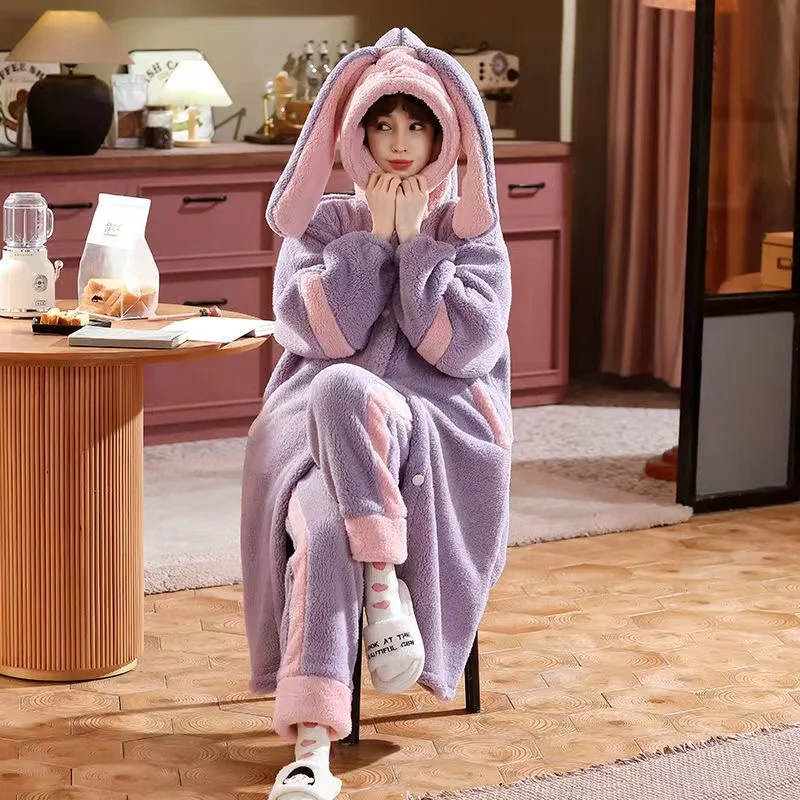 Flannel Pajamas Set 2PCS Warm Winter Women Robes Suits Sleepwear Thick Coral Fleece Hooded Plus Size Homewear Loose Pyjamas