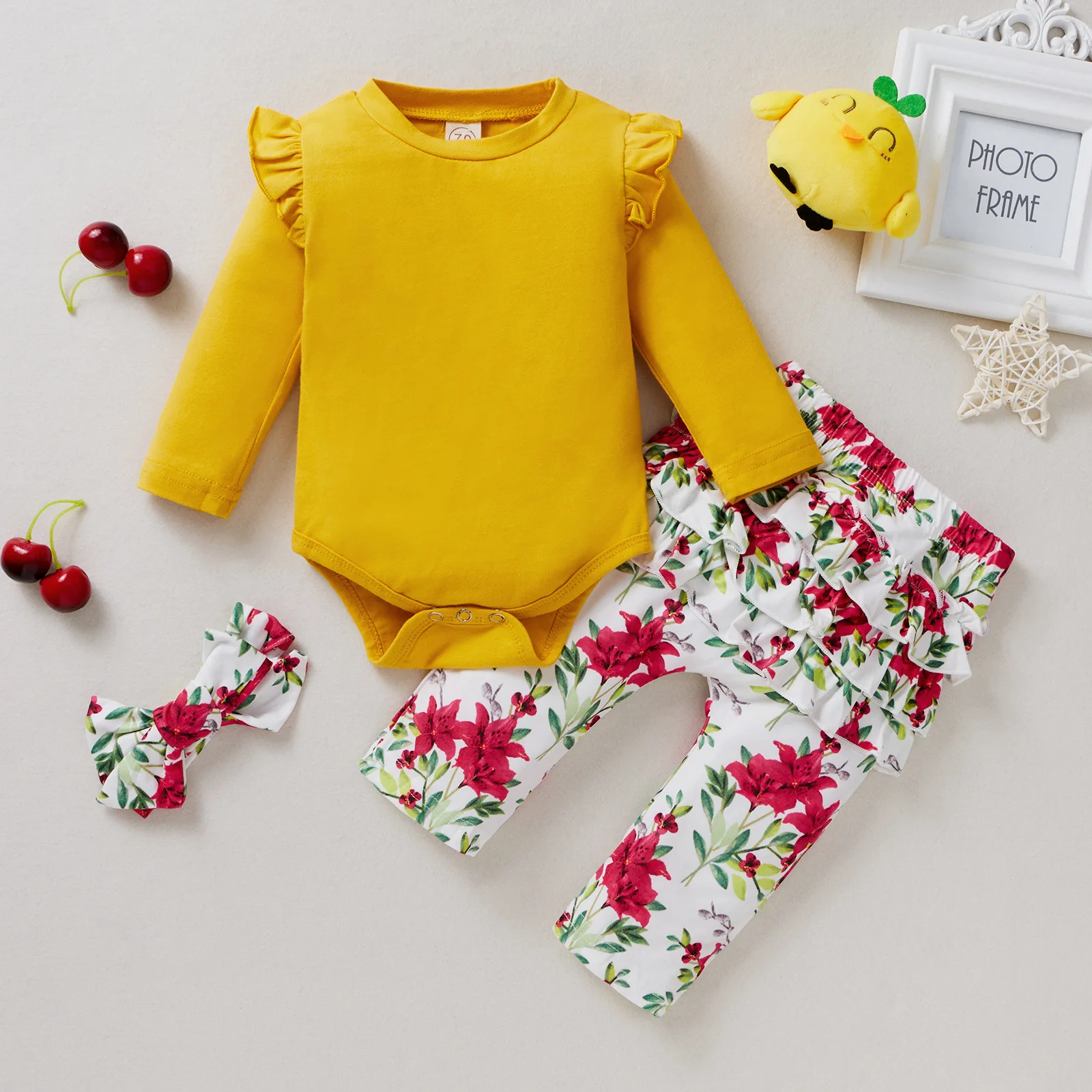 

Baby Girl Clothes Newborn Romper Set Infant Cotton Solid Ruffle Bodysuit Floral Trousers Fashion Outfits Toddler Clothing Sets