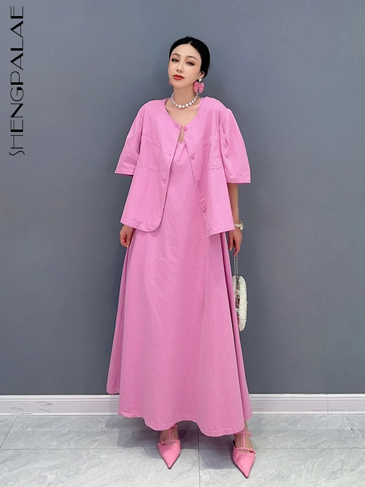 

SHENGPALAE Fashion Women's 2 Pcs Sets V-neck Single Breasted Short Sleeve Tops Solid Color Camisole Dress Summer 2023 New 5R4352