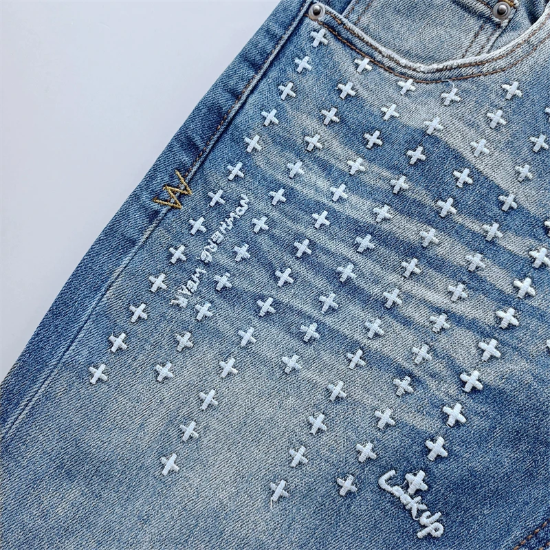 Американские джинсы High Street KSUBI Cross Jeans Мужская модная марка Ретро стирка синий с