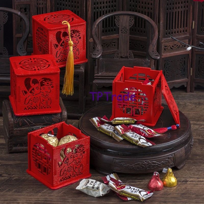 

100Set Chinese Style Wooden Candy Boxes Gift Wedding Sweet Treat Candy Words-Portable Gift Container Case Wedding Supplies