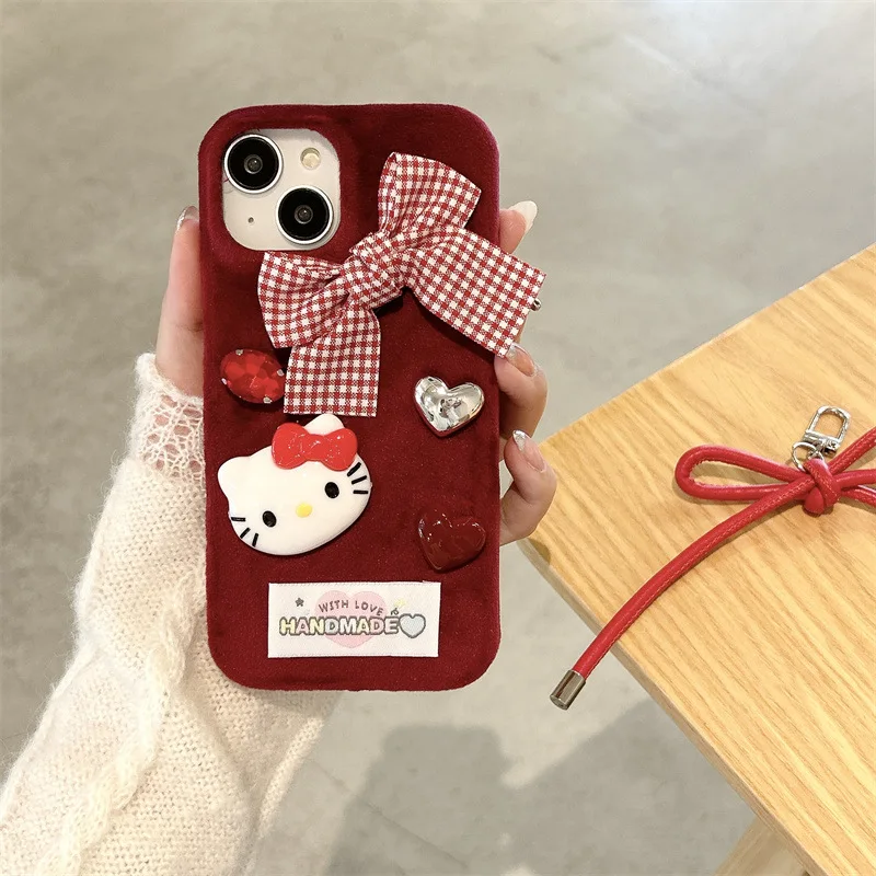Cute Hello Kitty Plush Bow embroidery Kawaii Phone Case For Iphone 16 15 14 13 Promax Y2k Sweet Girl Protective Cover