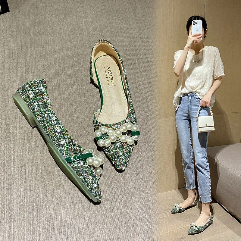 

2022 Spring Summer Green Mixed Color Women Flats Pearl Strings Bow Ballerina Shoes Shallow Mouth Colorful Cloth Moccasins Women