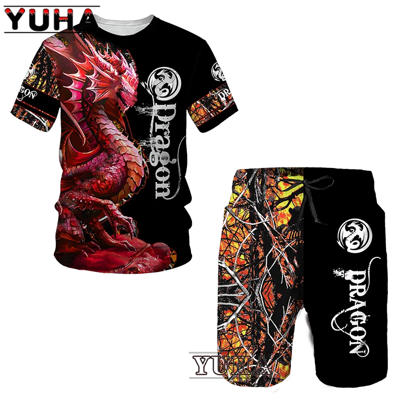 YUHA комплект мужских футболок с 3D-принтом летающего дракона мужской спортивный
